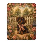 Dachshund Garden Sherpa Fleece Blanket — Vintage Floral Puppy Throw