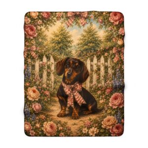 Dachshund Garden Sherpa Fleece Blanket — Vintage Floral Puppy Throw