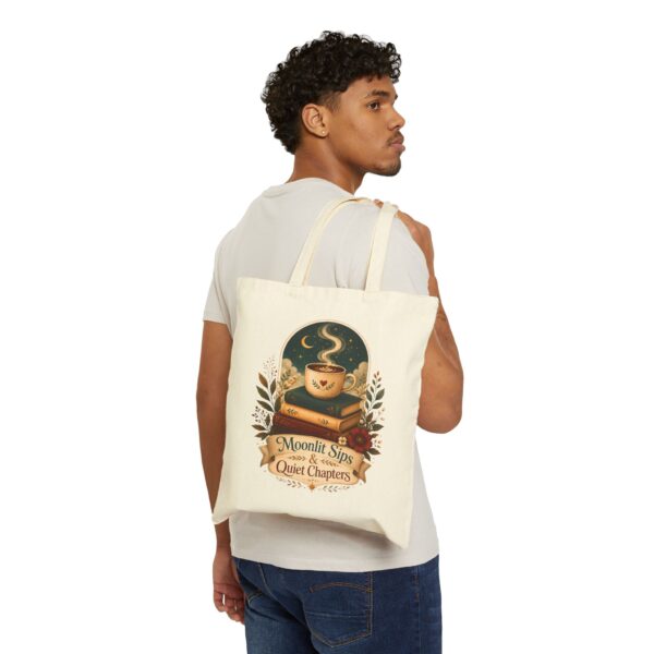 Moonlit Sips & Quiet Chapters Cotton Canvas Tote Bag — Cozy Booklover Nighttime Tote