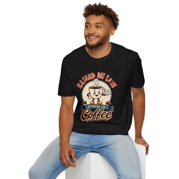 Raised on Love, Running on Coffee T-Shirt — Cute Coffee Lover Tee