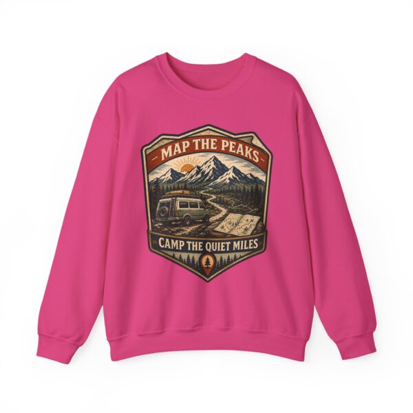 Vintage Mountain Camping Crewneck — "Map the Peaks / Camp the Quiet Miles"