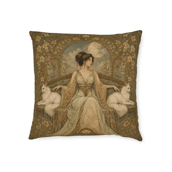 Art Nouveau Cat Lady Square Pillow — Vintage Woman with White Cats Decorative Throw Pillow