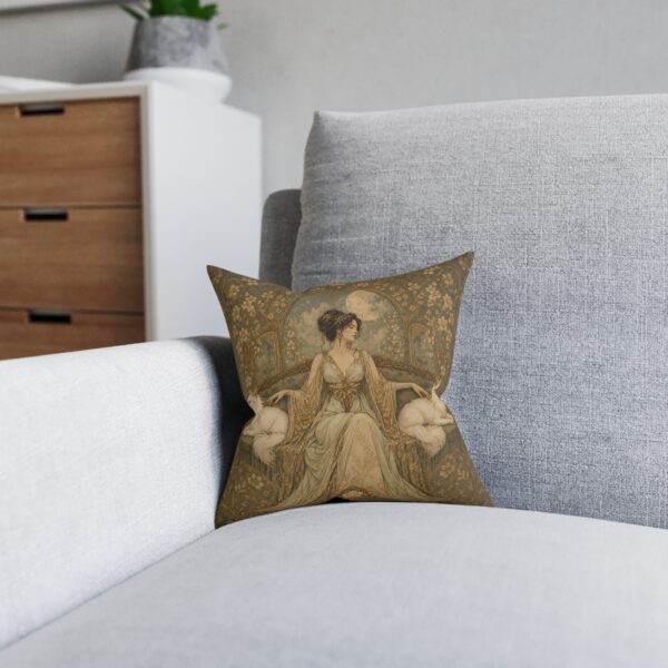 Art Nouveau Cat Lady Square Pillow — Vintage Woman with White Cats Decorative Throw Pillow