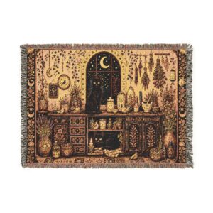 Woven Blanket - Folk Art Black Cats Moonlit Apothecary Kitchen Scene