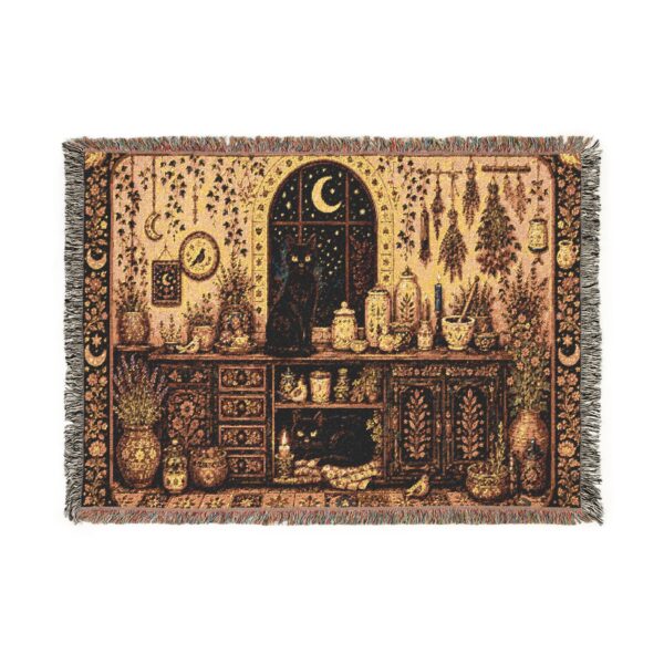 Woven Blanket - Folk Art Black Cats Moonlit Apothecary Kitchen Scene