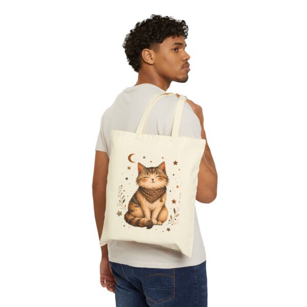 Boho Cat Canvas Tote — Smiling Tabby Moon & Stars