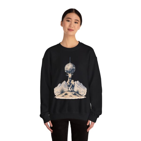 Goat Disco Crewneck Sweatshirt — Retro Disco Ball Farm Graphic