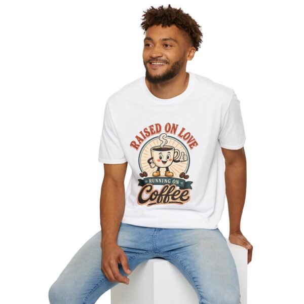 Raised on Love, Running on Coffee T-Shirt — Cute Coffee Lover Tee