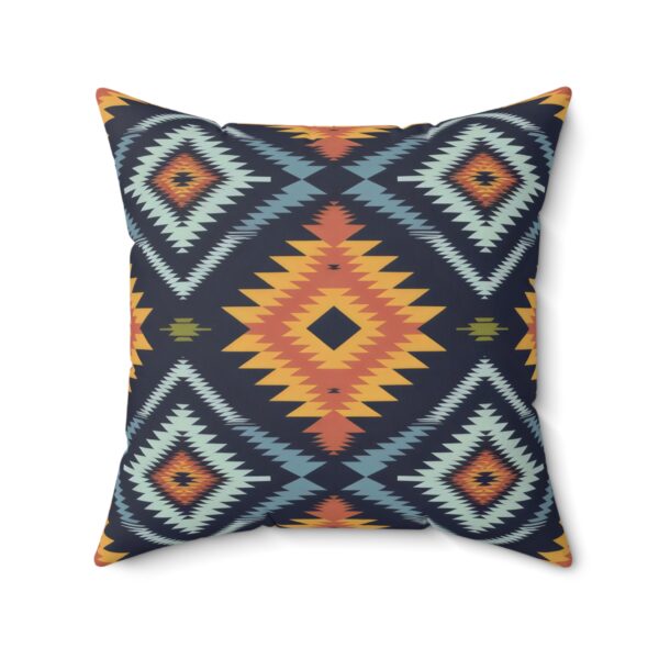 Square Pillow - Navy Blue, Orange, Yellow, Light Blue, and Silver Aztec Southwestern Pattern Design