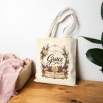 Grace Floral Canvas Tote Bag — 2 Corinthians 12:9 Inspirational Grocery & Bible Study Tote
