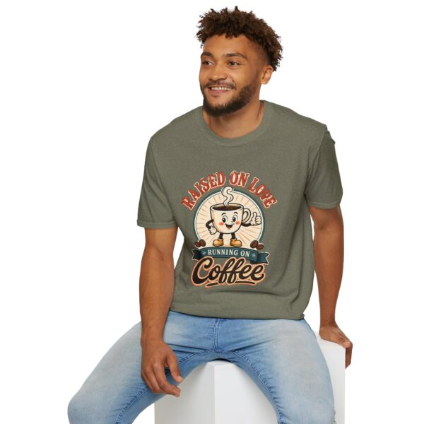 Raised on Love, Running on Coffee T-Shirt — Cute Coffee Lover Tee