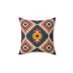 Square Pillow - Aztec Southwestern Print Design in Navy Blue, Burnt Orange, Yellow, and White