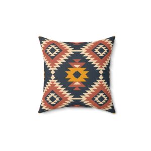 Square Pillow - Aztec Southwestern Print Design in Navy Blue, Burnt Orange, Yellow, and White