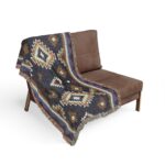 Woven Blanket - Aztec South Western Print Design in Navy Blue, Burnt Orange, Metro Blue, and Beige