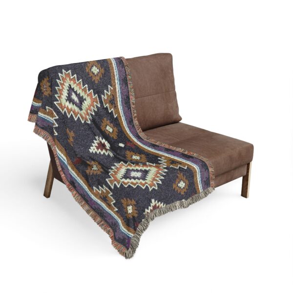 Woven Blanket - Aztec South Western Print Design in Navy Blue, Burnt Orange, Metro Blue, and Beige