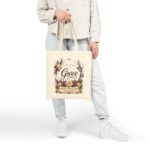 Grace Floral Canvas Tote Bag — 2 Corinthians 12:9 Inspirational Grocery & Bible Study Tote