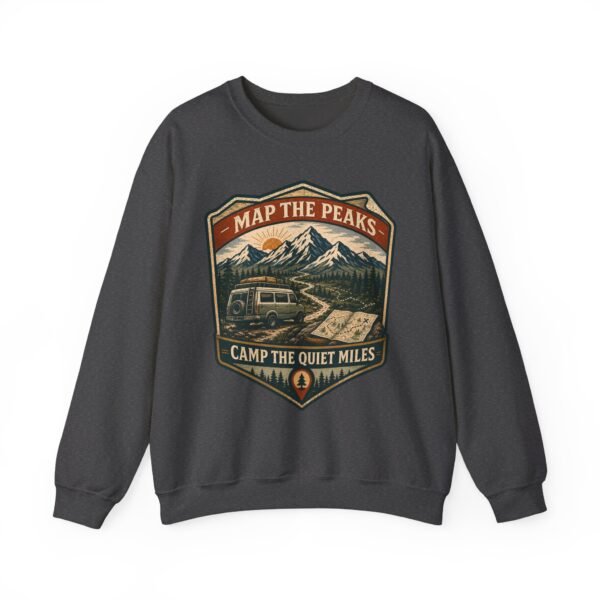 Vintage Mountain Camping Crewneck — "Map the Peaks / Camp the Quiet Miles"