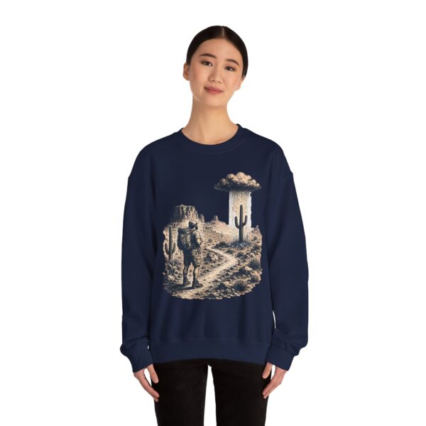 Desert Hiker with Lone Raincloud Crewneck Sweatshirt | Western Cactus Illustration
