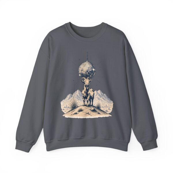 Goat Disco Crewneck Sweatshirt — Retro Disco Ball Farm Graphic