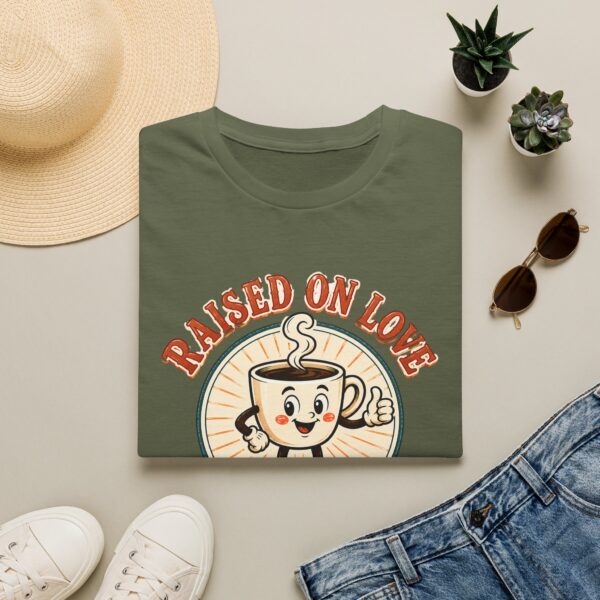 Raised on Love, Running on Coffee T-Shirt — Cute Coffee Lover Tee