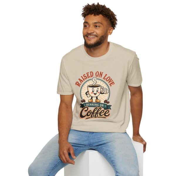 Raised on Love, Running on Coffee T-Shirt — Cute Coffee Lover Tee