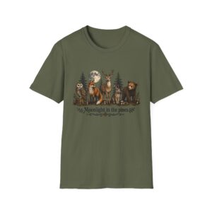Moonlight in the Pines Wildlife T-Shirt — Deer, Bear, Fox & Owl Nature Tee