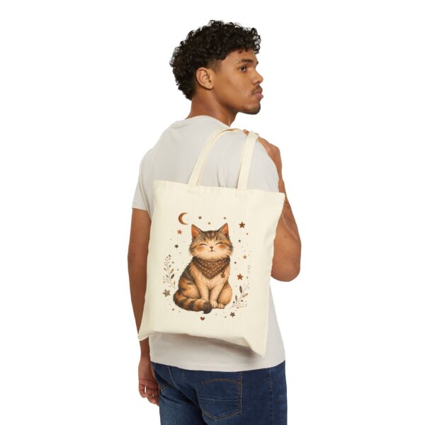 Boho Cat Canvas Tote — Smiling Tabby Moon & Stars