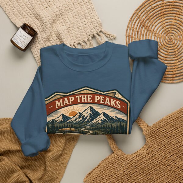 Vintage Mountain Camping Crewneck — "Map the Peaks / Camp the Quiet Miles"