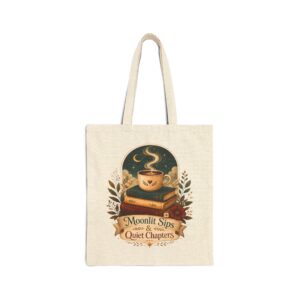 Moonlit Sips & Quiet Chapters Cotton Canvas Tote Bag — Cozy Booklover Nighttime Tote