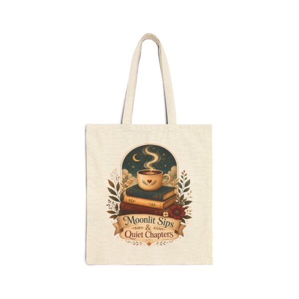 Moonlit Sips & Quiet Chapters Cotton Canvas Tote Bag — Cozy Booklover Nighttime Tote