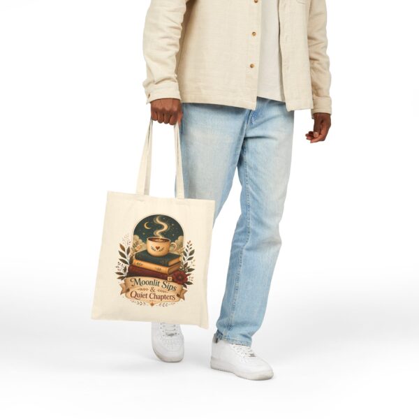 Moonlit Sips & Quiet Chapters Cotton Canvas Tote Bag — Cozy Booklover Nighttime Tote