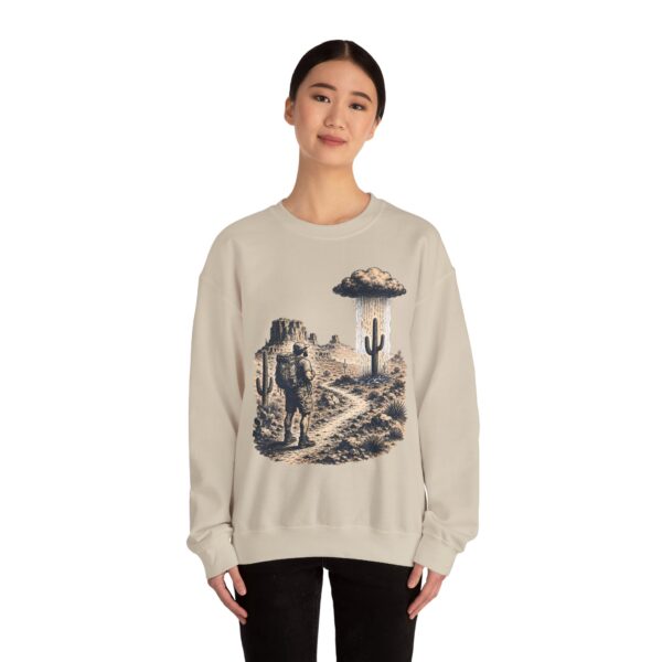 Desert Hiker with Lone Raincloud Crewneck Sweatshirt | Western Cactus Illustration