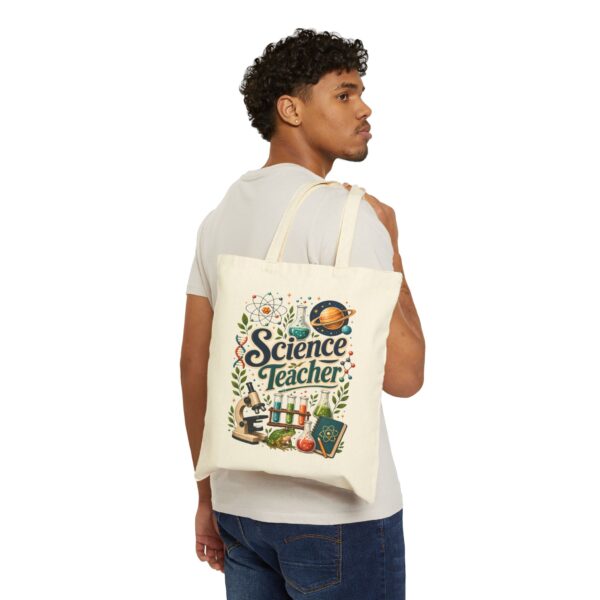Science Teacher Canvas Tote Bag — Illustrated Microscope, Test Tubes & Planets Teacher Gift