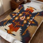 Velveteen Plush Blanket - Southwestern Geometric Pattern in Burnt Orange, Navy Blue, Red, Beige and White