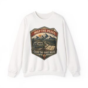 Vintage Mountain Camping Crewneck — "Map the Peaks / Camp the Quiet Miles"