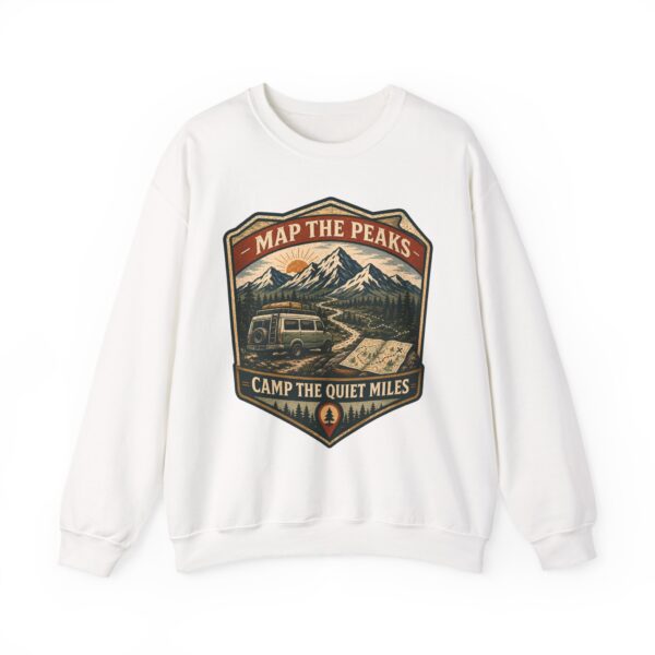 Vintage Mountain Camping Crewneck — "Map the Peaks / Camp the Quiet Miles"