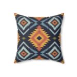 Square Pillow - Navy Blue, Orange, Yellow, Light Blue, and Silver Aztec Southwestern Pattern Design