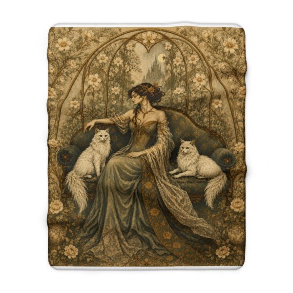 Art Nouveau Queen with White Cats Sherpa Fleece Blanket — Elegant Decorative Throw