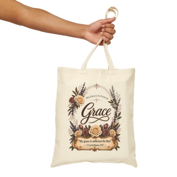 Grace Floral Canvas Tote Bag — 2 Corinthians 12:9 Inspirational Grocery & Bible Study Tote