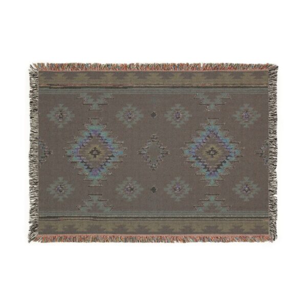 Woven Blanket - Aztec South Western Print Design in Navy Blue, Burnt Orange, Metro Blue, and Beige