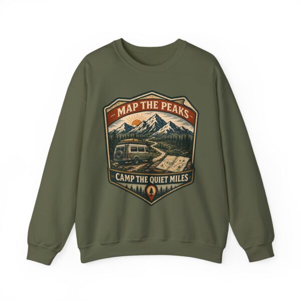 Vintage Mountain Camping Crewneck — "Map the Peaks / Camp the Quiet Miles"
