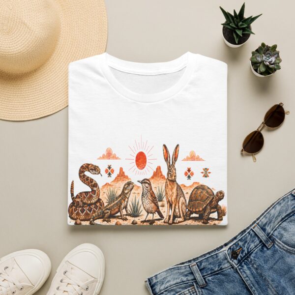 Desert Wildlife Illustration T-Shirt | Rabbit Snake Tortoise Birds, Soft Sand Vibe