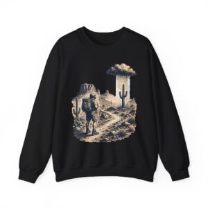 Desert Hiker with Lone Raincloud Crewneck Sweatshirt | Western Cactus Illustration