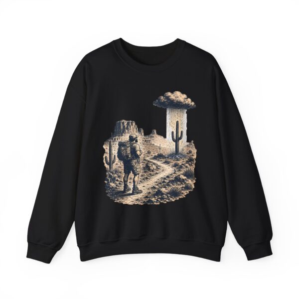 Desert Hiker with Lone Raincloud Crewneck Sweatshirt | Western Cactus Illustration