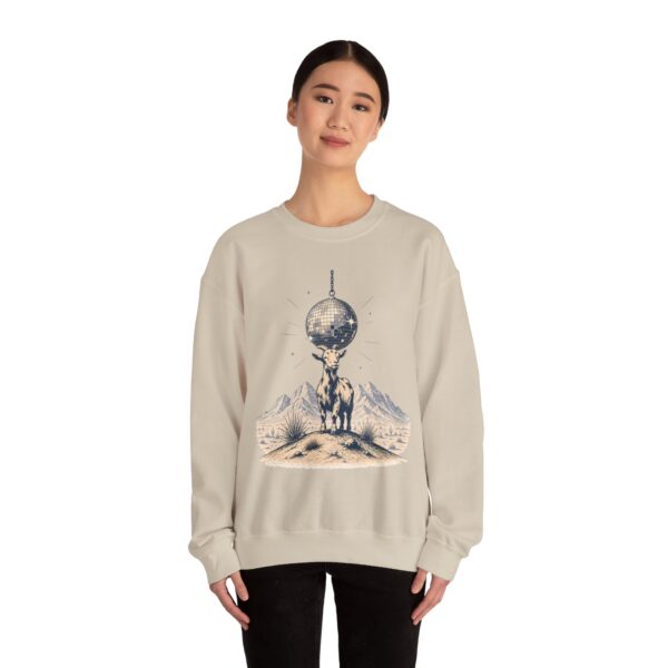 Goat Disco Crewneck Sweatshirt — Retro Disco Ball Farm Graphic