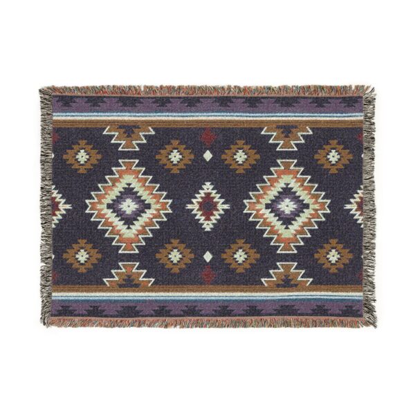 Woven Blanket - Aztec South Western Print Design in Navy Blue, Burnt Orange, Metro Blue, and Beige