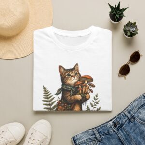Cat Forager T-Shirt — Cute Kitten Holding Mushrooms “Forage Mode”