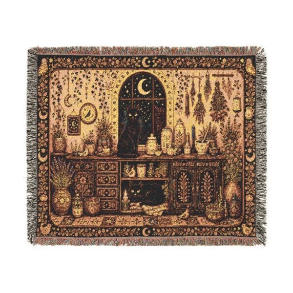 Woven Blanket - Folk Art Black Cats Moonlit Apothecary Kitchen Scene