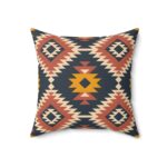 Square Pillow - Aztec Southwestern Print Design in Navy Blue, Burnt Orange, Yellow, and White