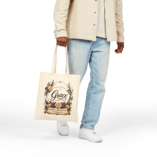 Grace Floral Canvas Tote Bag — 2 Corinthians 12:9 Inspirational Grocery & Bible Study Tote
